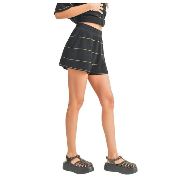 Miou Muse Ryan Striped Shorts Women’s Sz S Black & Tan 100% Cotton Pull On Knit - Picture 3 of 11